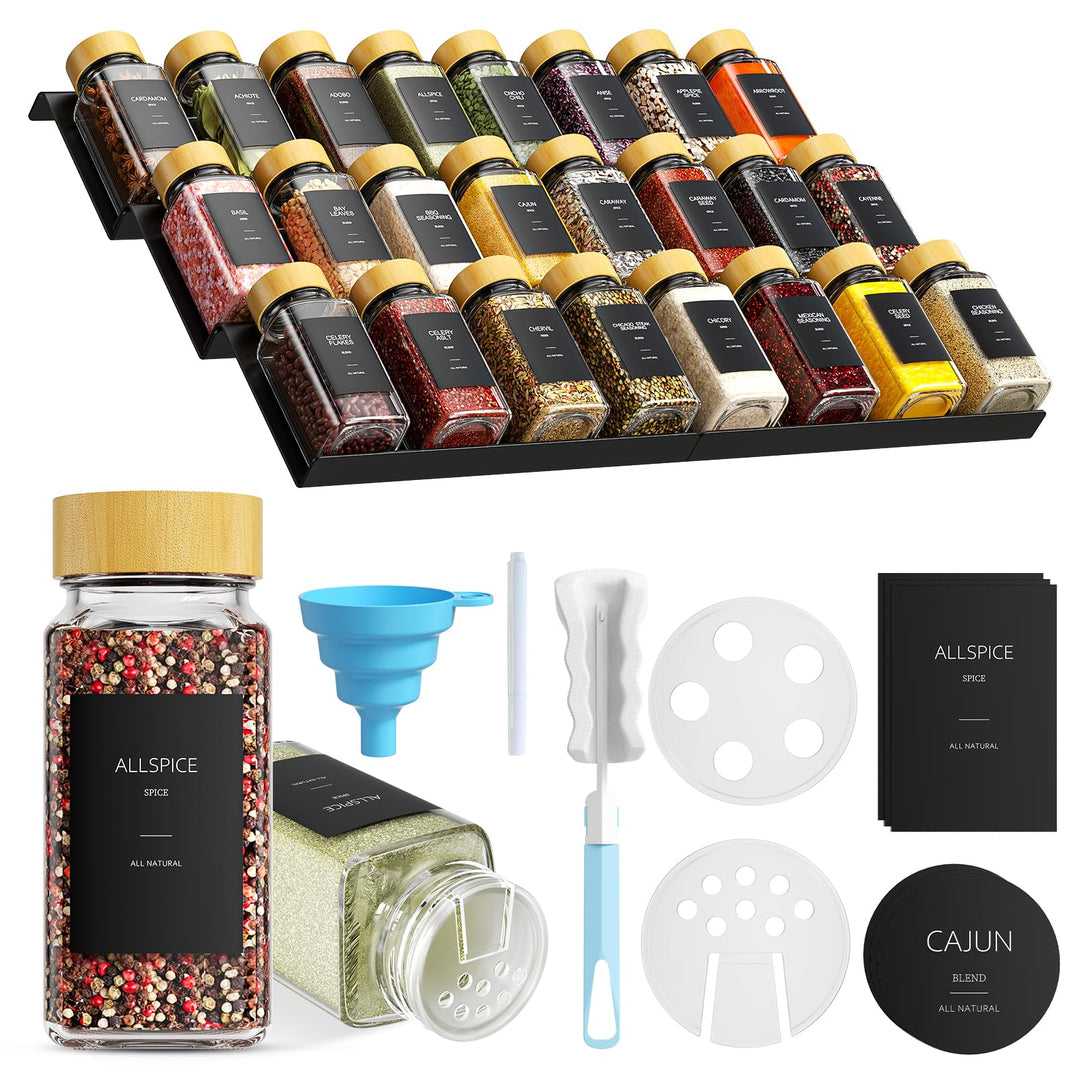 Gewürzregal Set 24er120ml Glas Gewürzdosen Eckig mit Bambusdeckel | 3-stufiger Gewürz Organizer mit