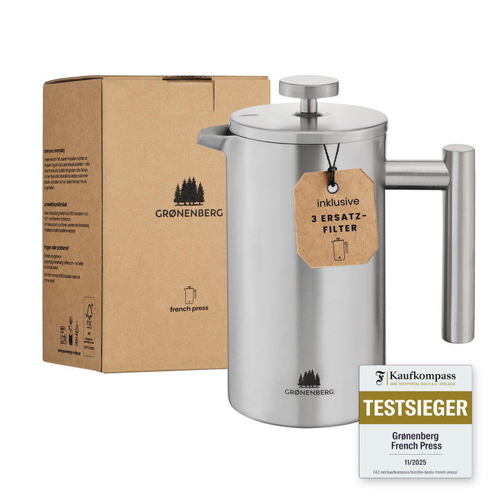 Groenenberg French Press aus Edelstahl | 1 Liter (5 Tassen) | Erhältlich in 3 Grössen | Thermo Kaffe