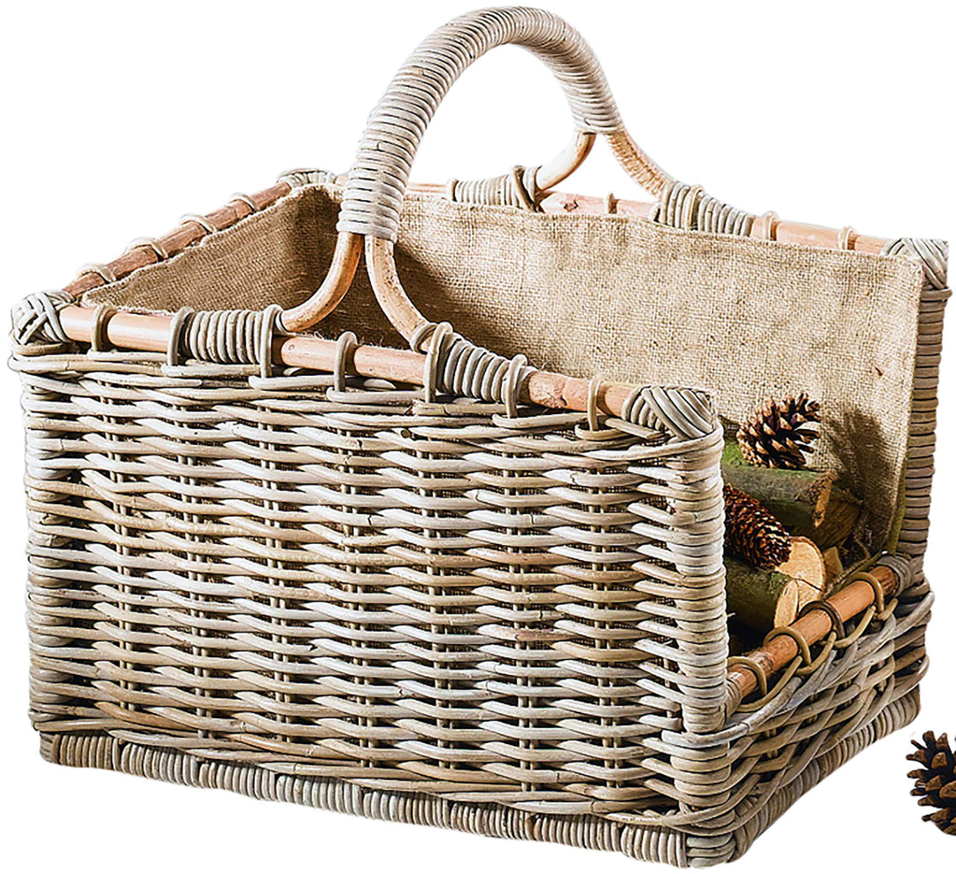 Kobolo Kaminholzkorb Holztrage Rattan grau mit abnehmbarem
