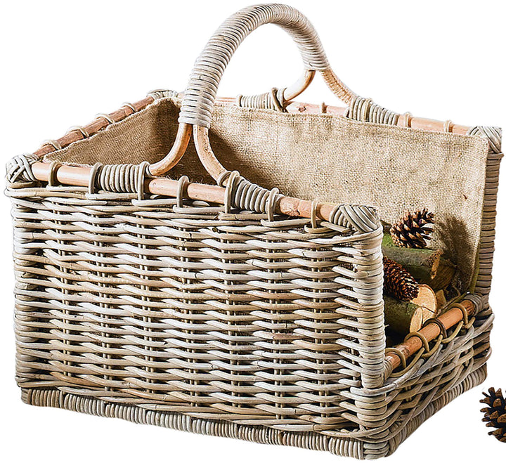 Kobolo Kaminholzkorb Holztrage Rattan grau mit abnehmbarem