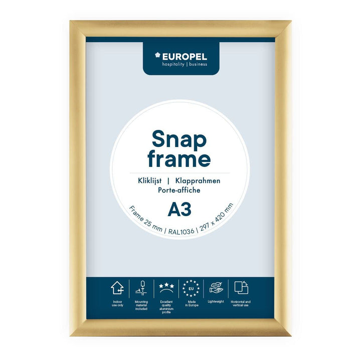 Europel leichte Klapprahmen DIN A3, Easy-Click System, Profil 25x11 mm, Farbe Gold, eloxierte Alumin