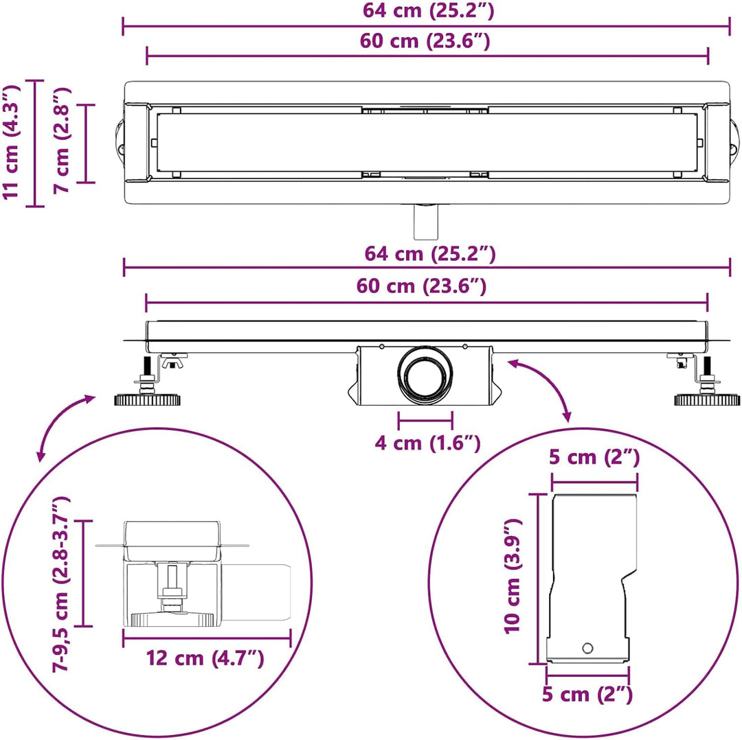 2 in 1 Duschabfluss Schwarz Edelstahl 304, 60 cm Länge, höhenverstellbar 0-30 mm, mit verstellbaren