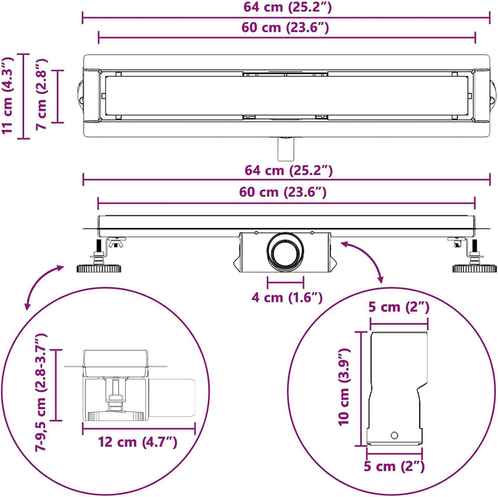 2 in 1 Duschabfluss Schwarz Edelstahl 304, 60 cm Länge, höhenverstellbar 0-30 mm, mit verstellbaren