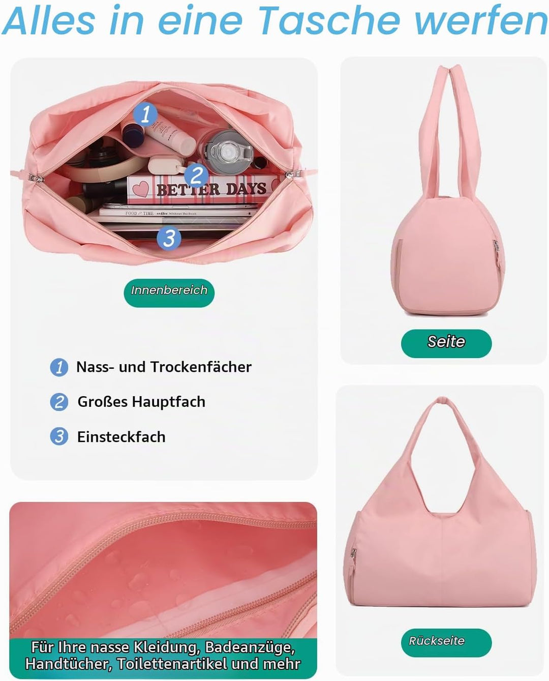 Sporttasche Damen Reisetasche Handgepäck mit Schuhfach &amp; Nassfach Trainingstasche kleine Gym Tasche