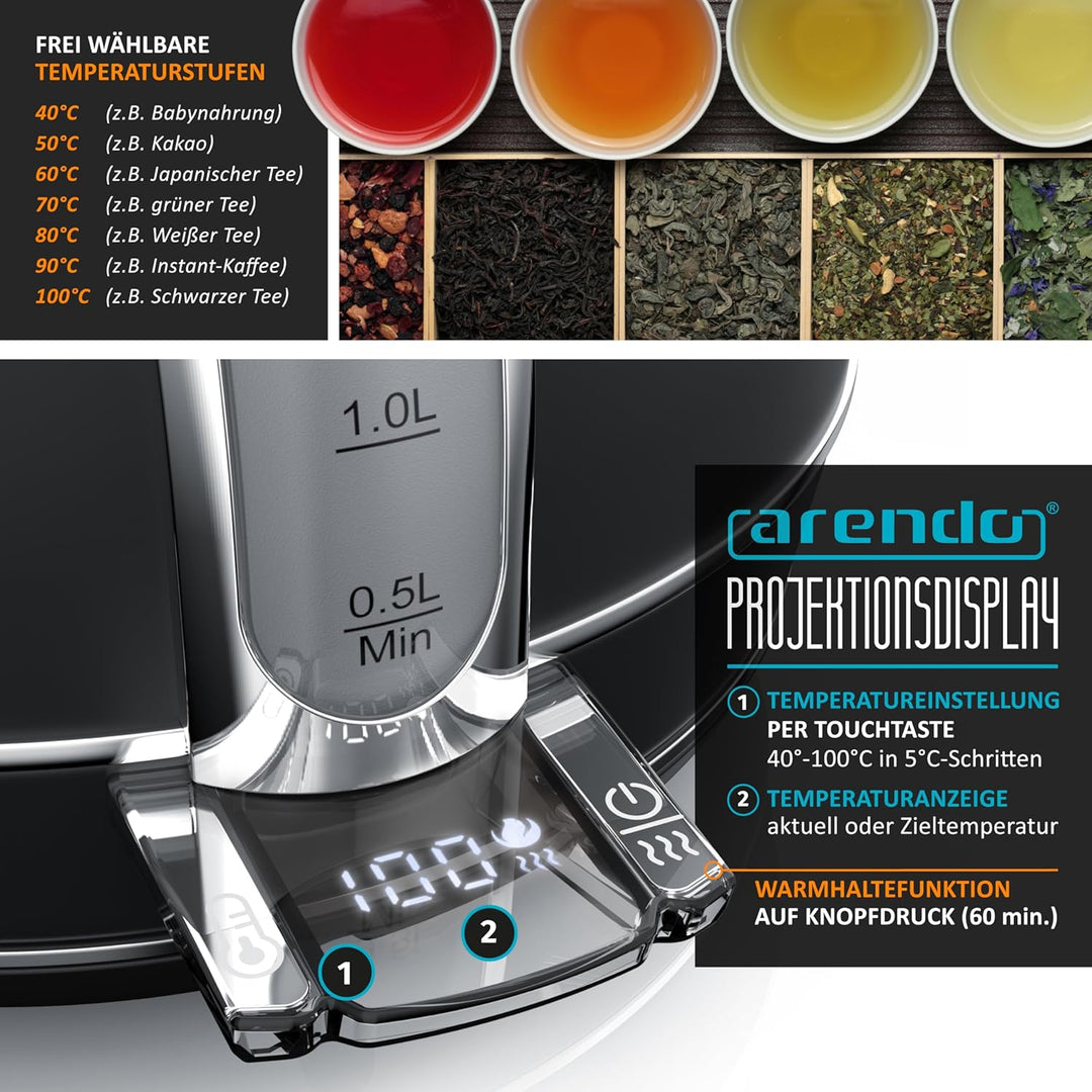 Arendo - Wasserkocher Edelstahl mit Temperatureinstellung - LED Anzeige mit Touch Panel - Wasserkess