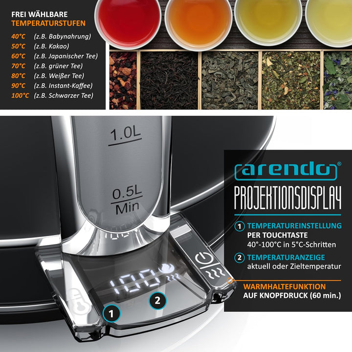 Arendo - Wasserkocher Edelstahl mit Temperatureinstellung - LED Anzeige mit Touch Panel - Wasserkess