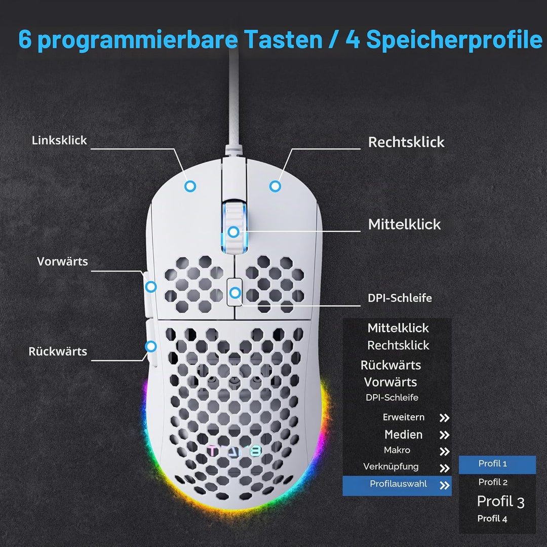 TMKB M1se Gaming Maus, USB, mit 12800 DPI Optischer Sensor,6 Programmierbare Tasten Wabenmaus,Anpass