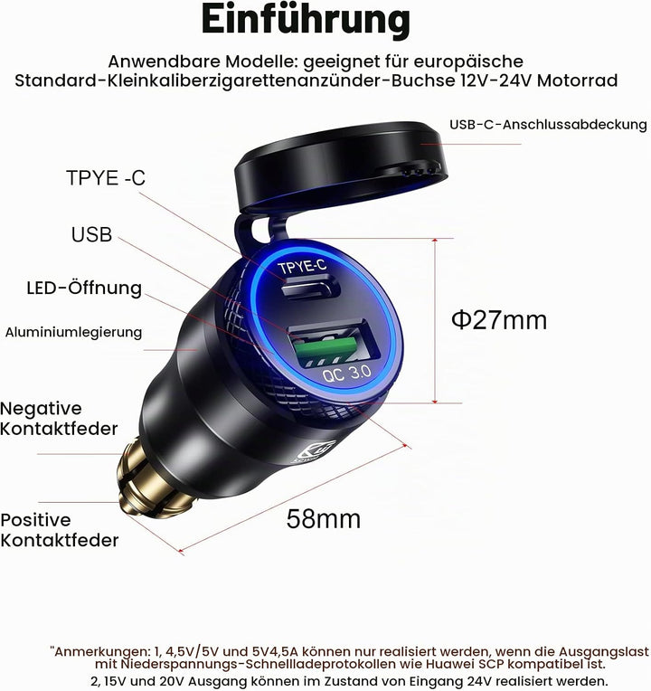 Kewig Aluminium DIN Hella Powerlet Stecker Ladegerät 30W Motorrad Dual Schnellladegerät 3.0 USB Lade