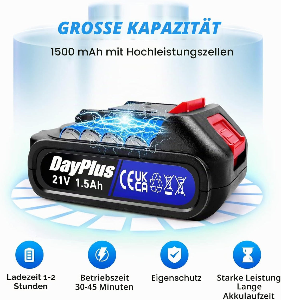 Qimu 21V 1,5Ah Lithium-Batterie-Ersatz für 21V Akku-Mini-Kettensäge,6 Zoll und 4 Zoll Elektrokettens