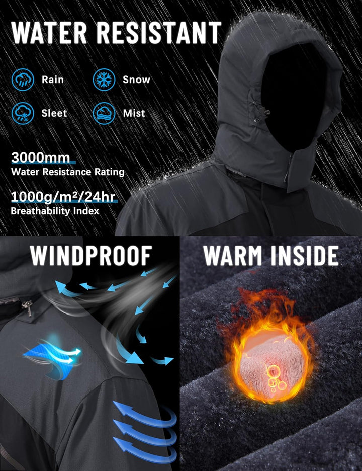 TACVASEN Herren Winter Wasserdichte Winddichte Winterjacke Warme Fleece-Futter Ski Regenmantel mit K