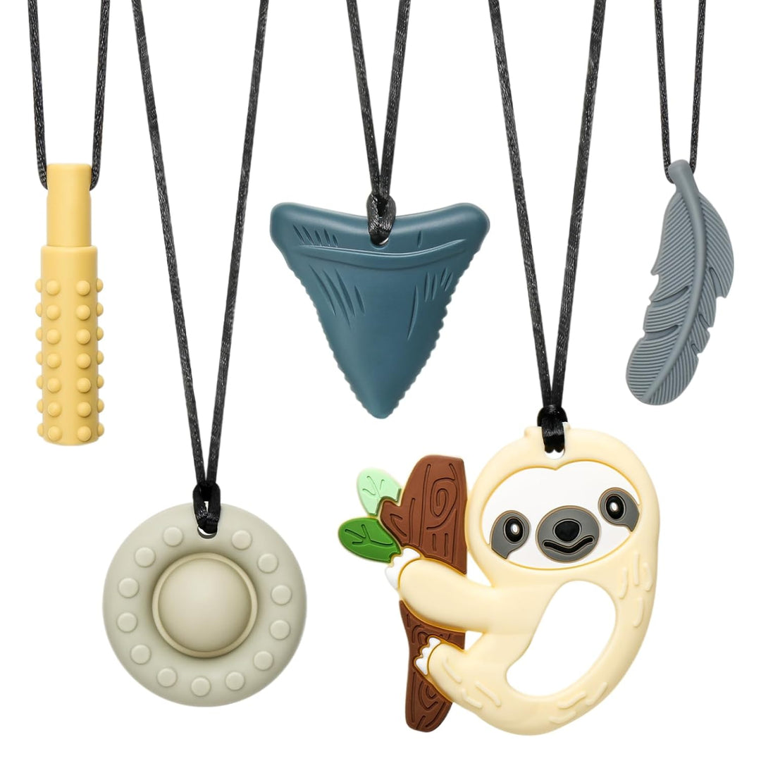 CLDY Kaukette für Kinder, 5 Stück Sensory Kauen Halskette, Kau-Charm, Beissring aus Silikon BPA-frei