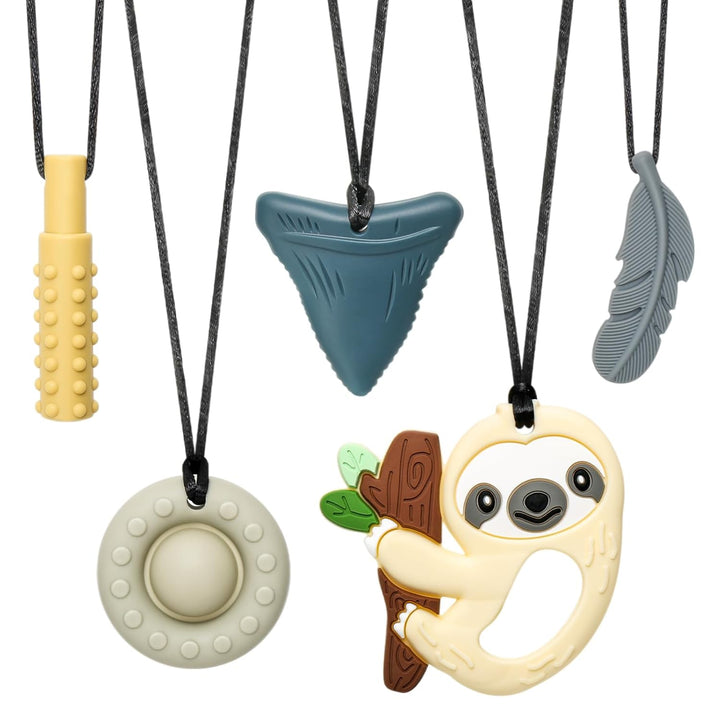 CLDY Kaukette für Kinder, 5 Stück Sensory Kauen Halskette, Kau-Charm, Beissring aus Silikon BPA-frei