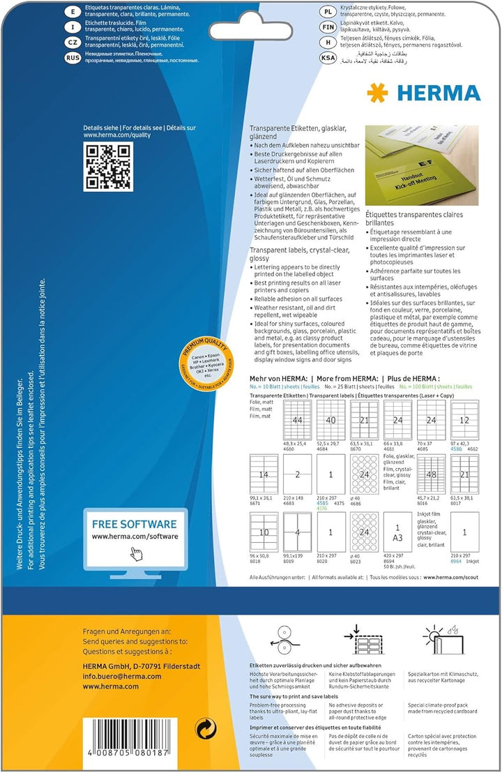 HERMA 8694 Wetterfeste Folienetiketten transparent, 50 Blatt, 297 x 420 mm, 1 Stück pro A3 Bogen, 50