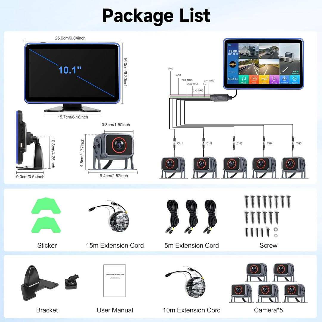 Digitale Wired Rückfahrkamera 5 Kamera kit mit 10.1 Zoll IPS Monitor mit 5M+15M Kabel, Rückfahrkamer