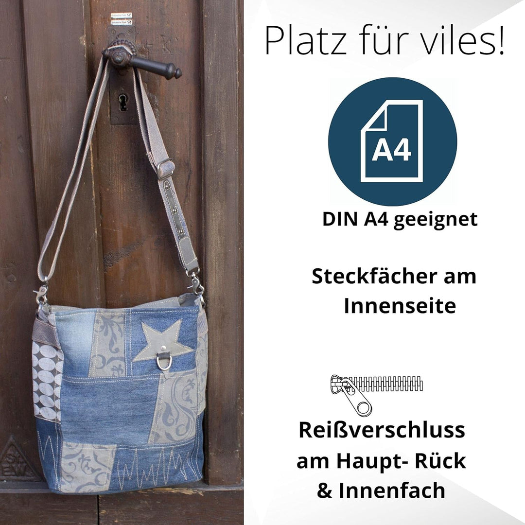 Sunsa Damen Blaue Umhängetasche. Grosse Canvas Schultertasche. Crossbody Bag aus recycelte Jeans. Na