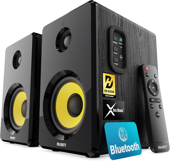 MAJORITY Aktive Regallautsprecher | Bluetooth-HiFi-Lautsprecher mit 70 Watts, gelber Kevlar-Lautspre