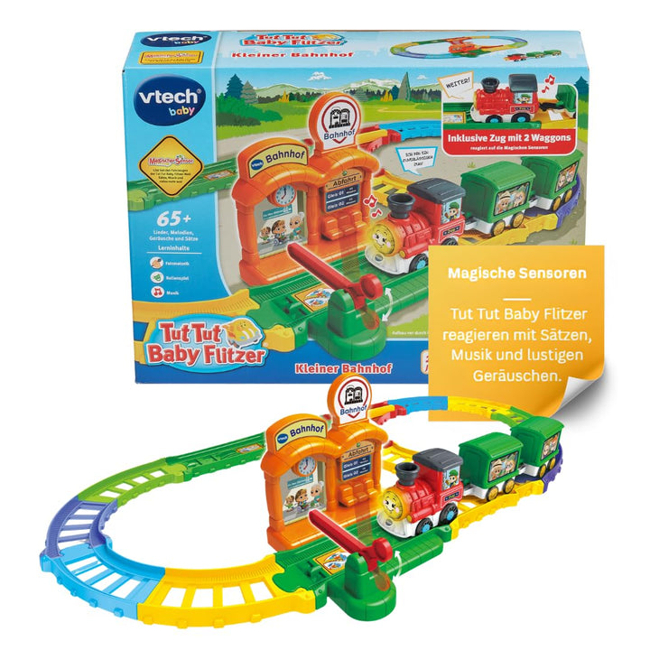 VTech TUT TUT Baby Flitzer Kleiner Bahnhof – Interaktives Spielset mit Zug, Schranke, Weichen & Magi