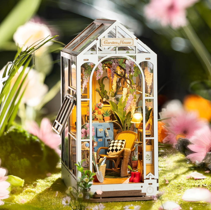 ROBOTIME DIY Book Nook Kit Gartenhaus mit Möbeln und LED Lampe, 3D Puzzle Booknook Miniatur Haus Mod