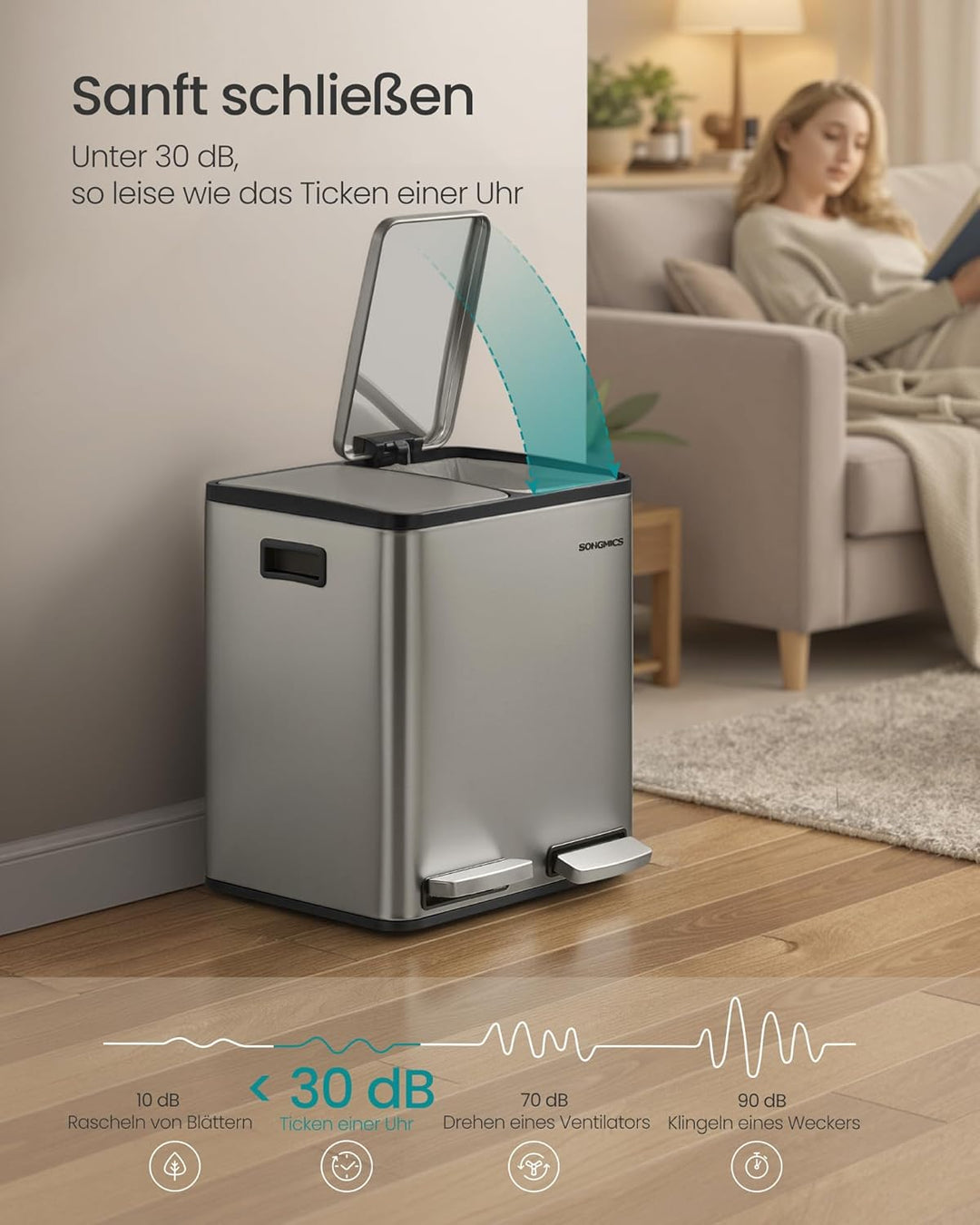 SONGMICS Mülleimer Küche, 2 x 15 L, Mülltrennsystem 2 Fächer, Abfalleimer mit 15 Müllbeuteln, Tretmü