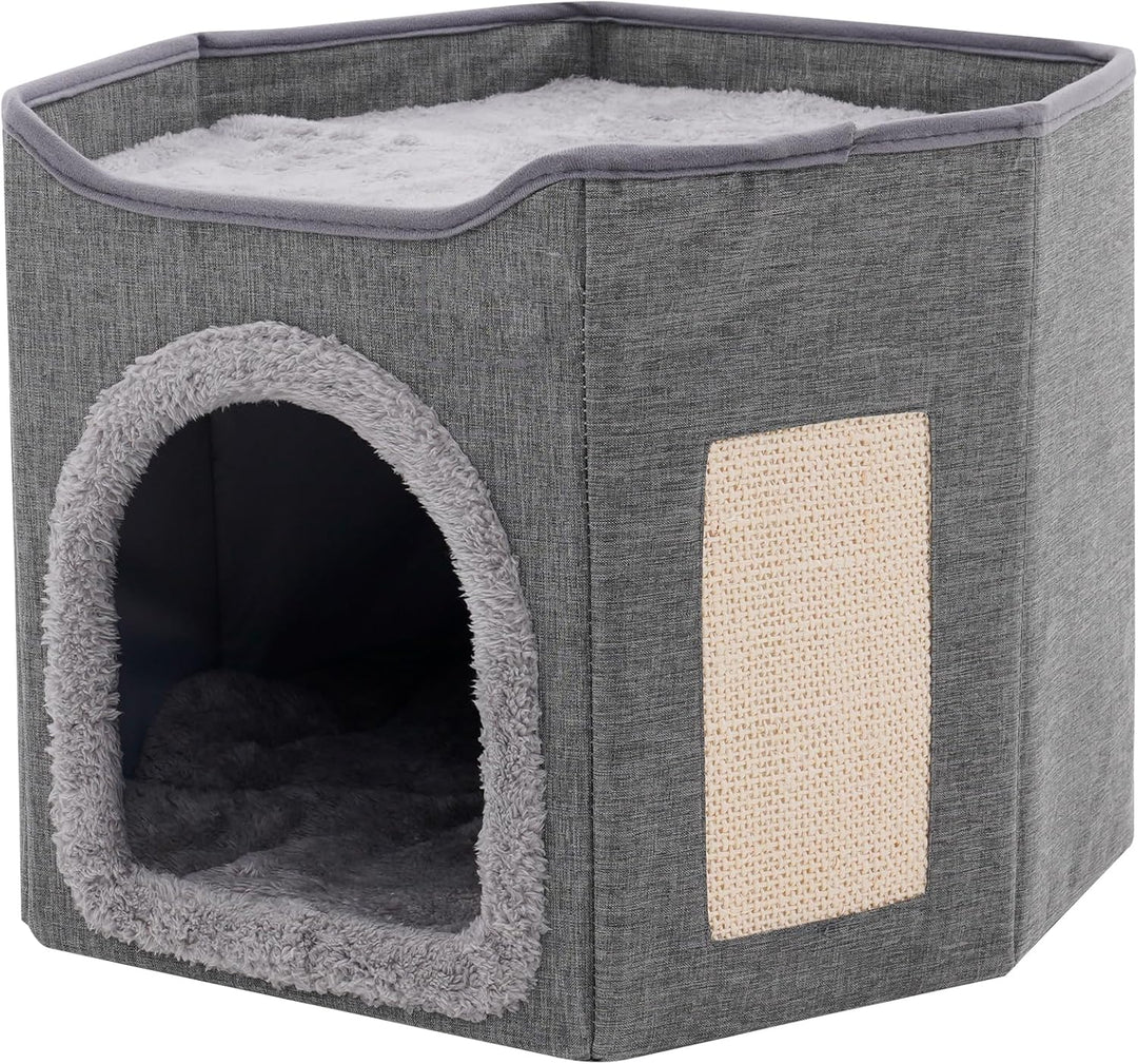 Faltbares Katzenhaus Indoor grosse Katzen, Grosse Katzenhöhle mit Kratzbrett, 2 Schicht Katzenbetten