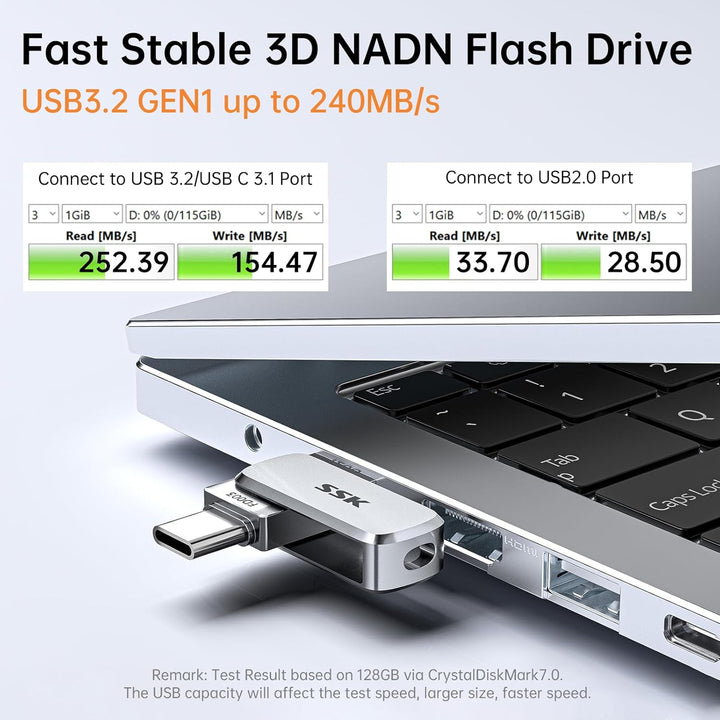 SSK 128GB USB C Stick bis zu 240 MB/s, Dual Memory Stick USB 3.2 Typ-C und USB-A Handy Speicherstick