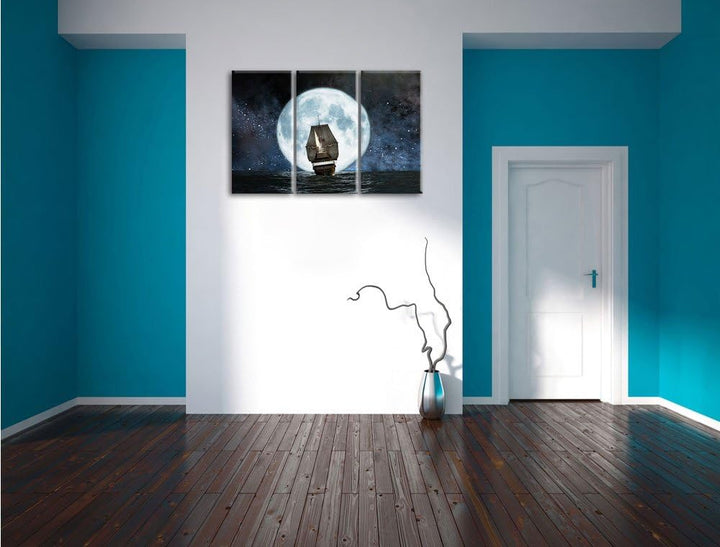 Pixxprint Segelschiff bei Vollmond als Leinwandbild | Grösse: 3 Teilig (120x80) | Wandbild| Kunstdru