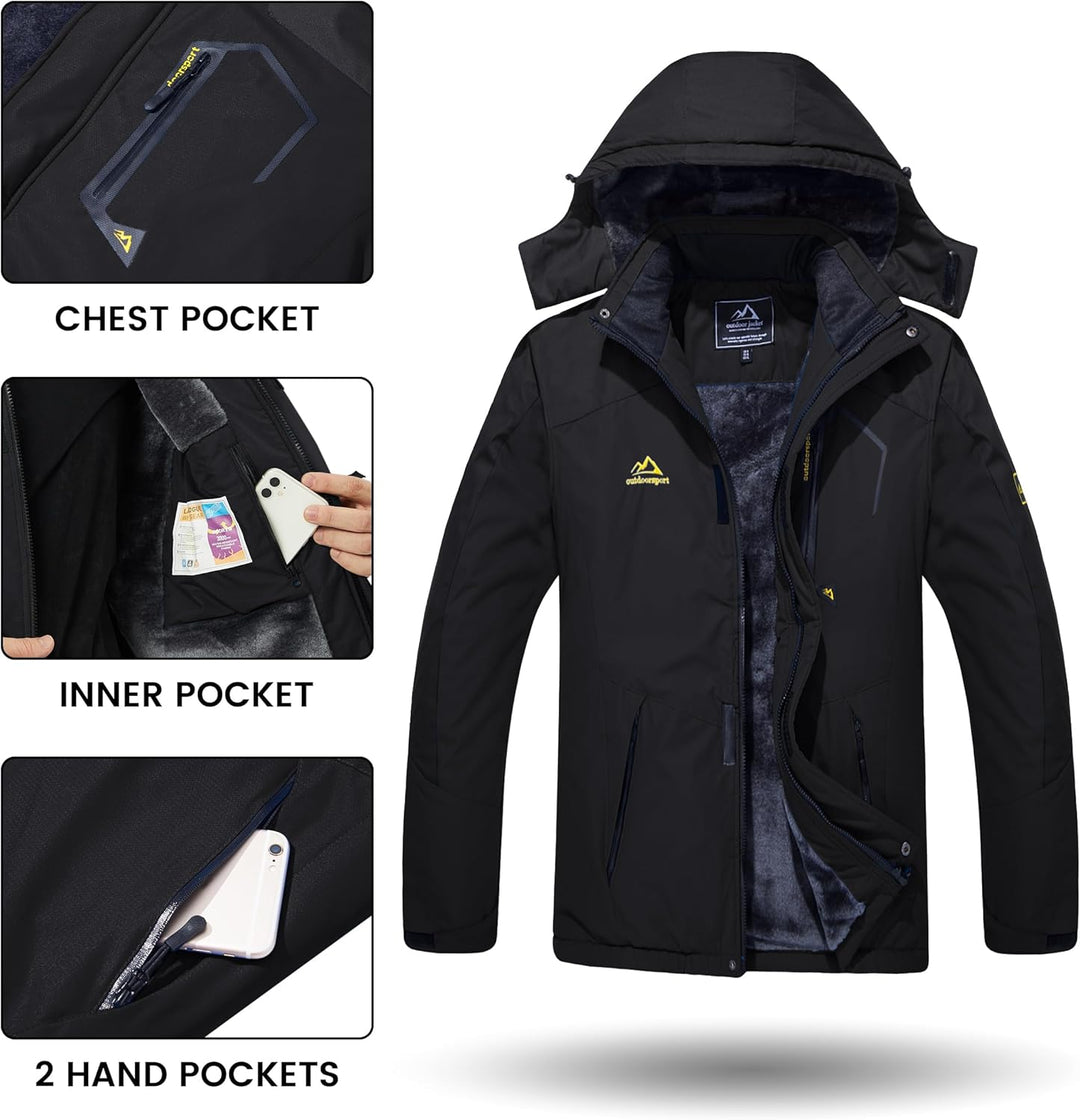 TACVASEN Herren Winter Wasserdichte Winddichte Winterjacke Warme Fleece-Futter Ski Regenmantel mit K