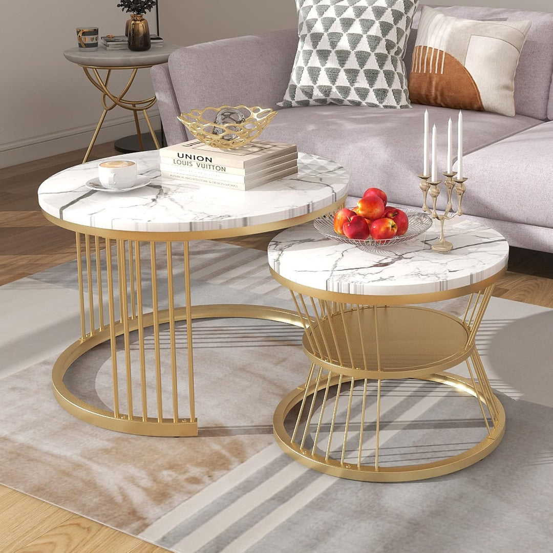 Merax Runder Couchtisch 2er Set, Moderne Beistelltisch mit Hochglanz Marmorstruktur für Wohnzimmer,