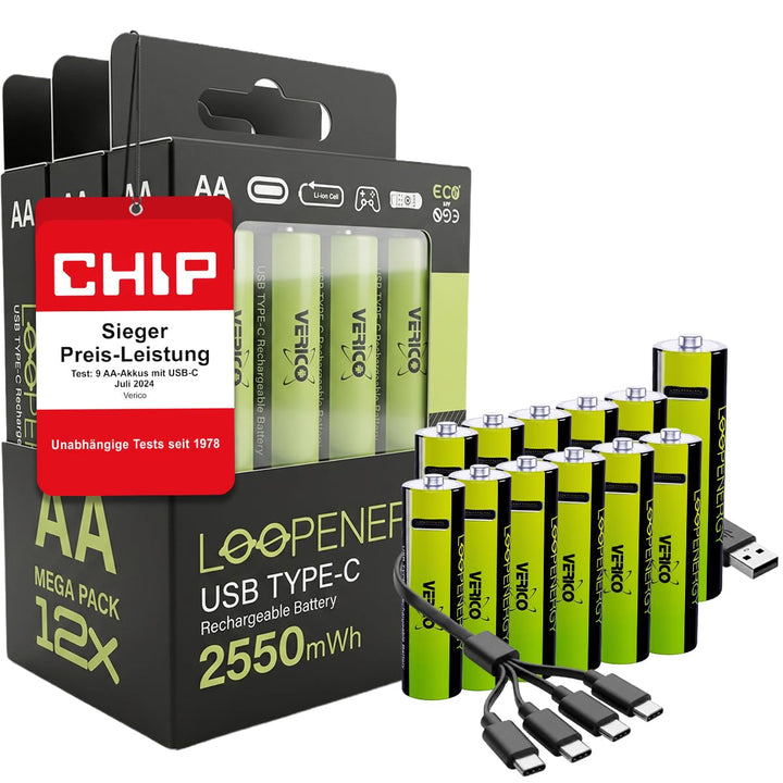 VERICO LoopEnergy AA 2550 Wiederaufladbare USB-C Batterie AA 1,5V 2550mWh (1700mAh) Li-Ion, Schnelll