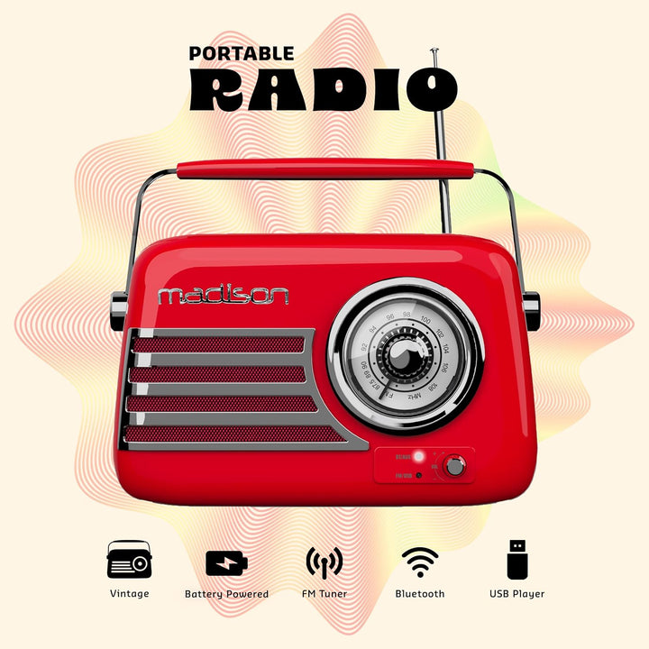 FREESOUND-VR40R - MADISON - 30W Vintage-Radio mit langer Batterielaufzeit, Bluetooth, USB und UKW -