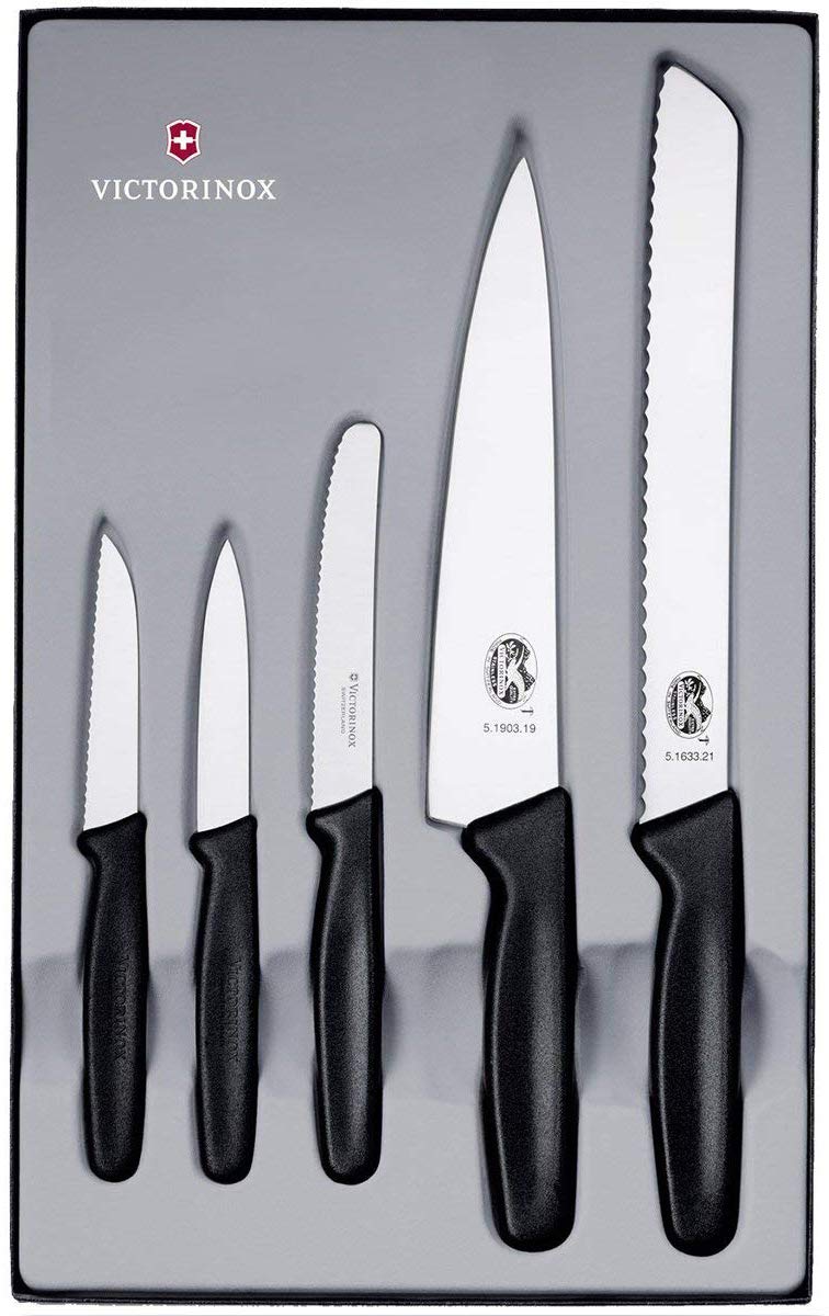 Victorinox Swiss Classic Küchengarnitur 5-teilig, Wellenschliff und gerader Schliff, schwarz, Single