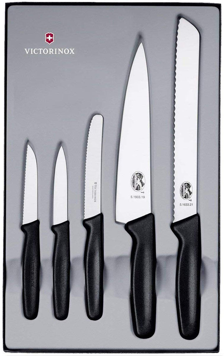 Victorinox Swiss Classic Küchengarnitur 5-teilig, Wellenschliff und gerader Schliff, schwarz, Single
