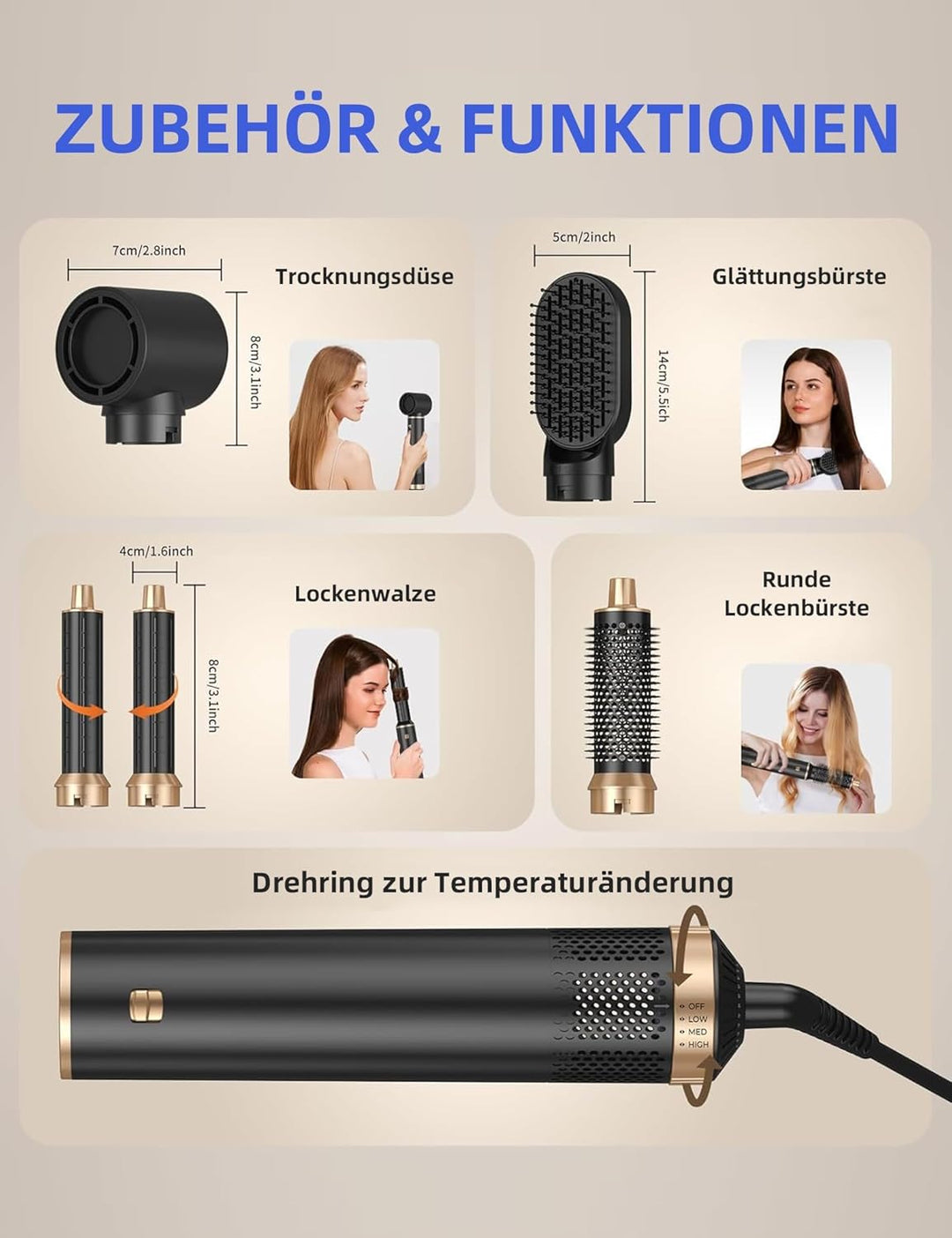 Kitgody 5 in 1 Airstyler Warmluftbürste Set mit Automatischem Lockenstab & Rundbürstenföhn - MULTIFU