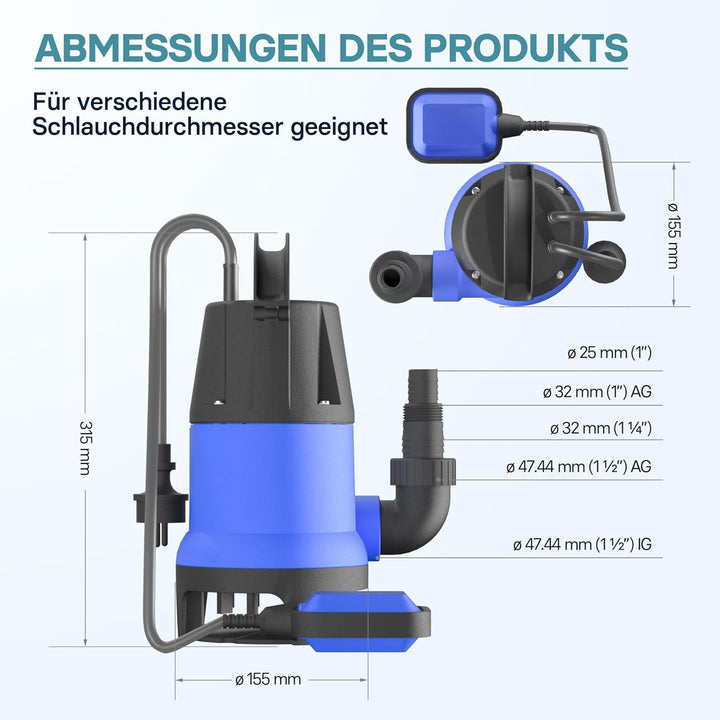 Schmutzwasserpumpe 400 W 7500 l/h Tauchpumpe Gartenpumpe Brunnenpumpe Entwässerungspumpe