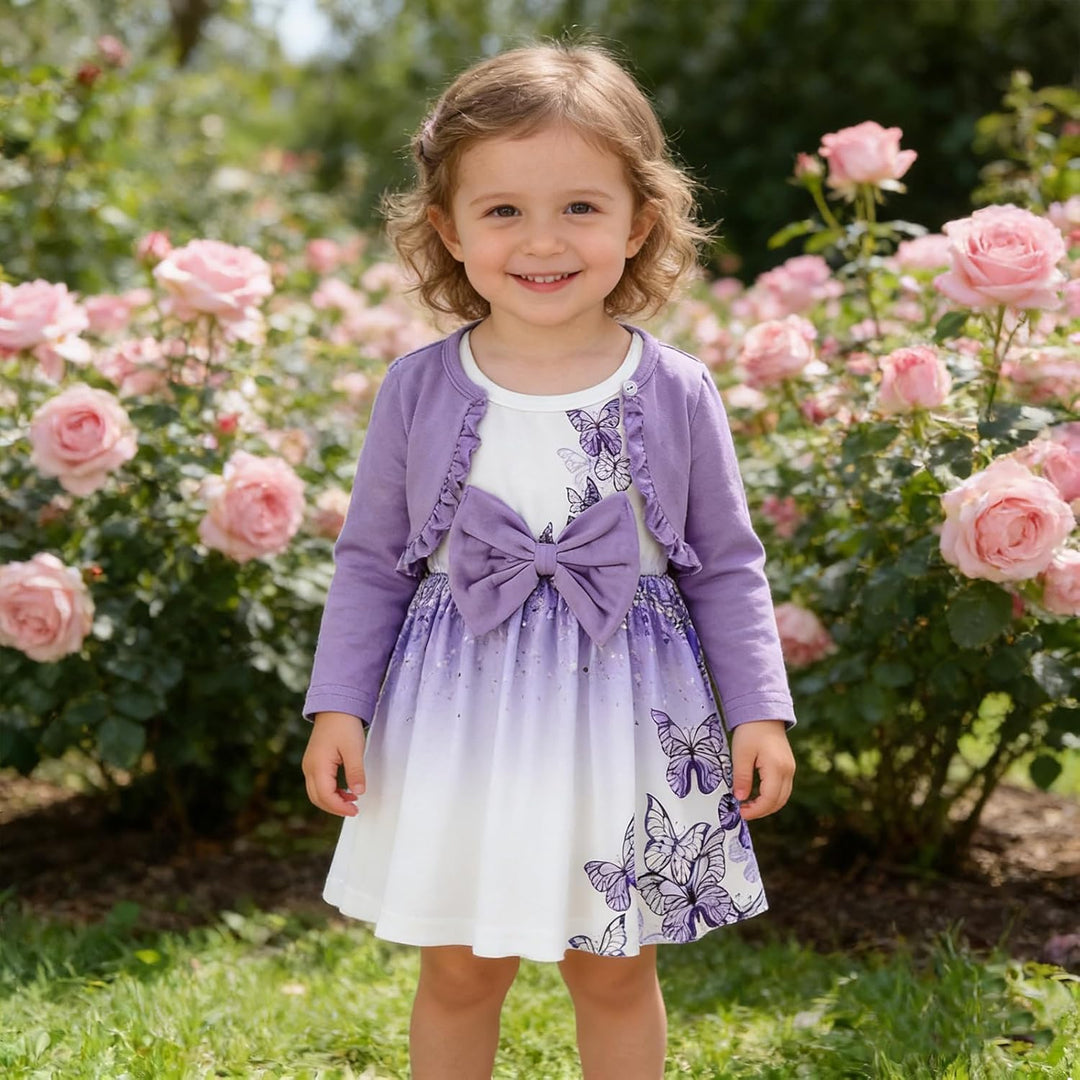 Kunyeah Baby Mädchen Kleid und Strickjacke Set Kleinkind Ruffle Shrug Mantel Schmetterling Print Roc
