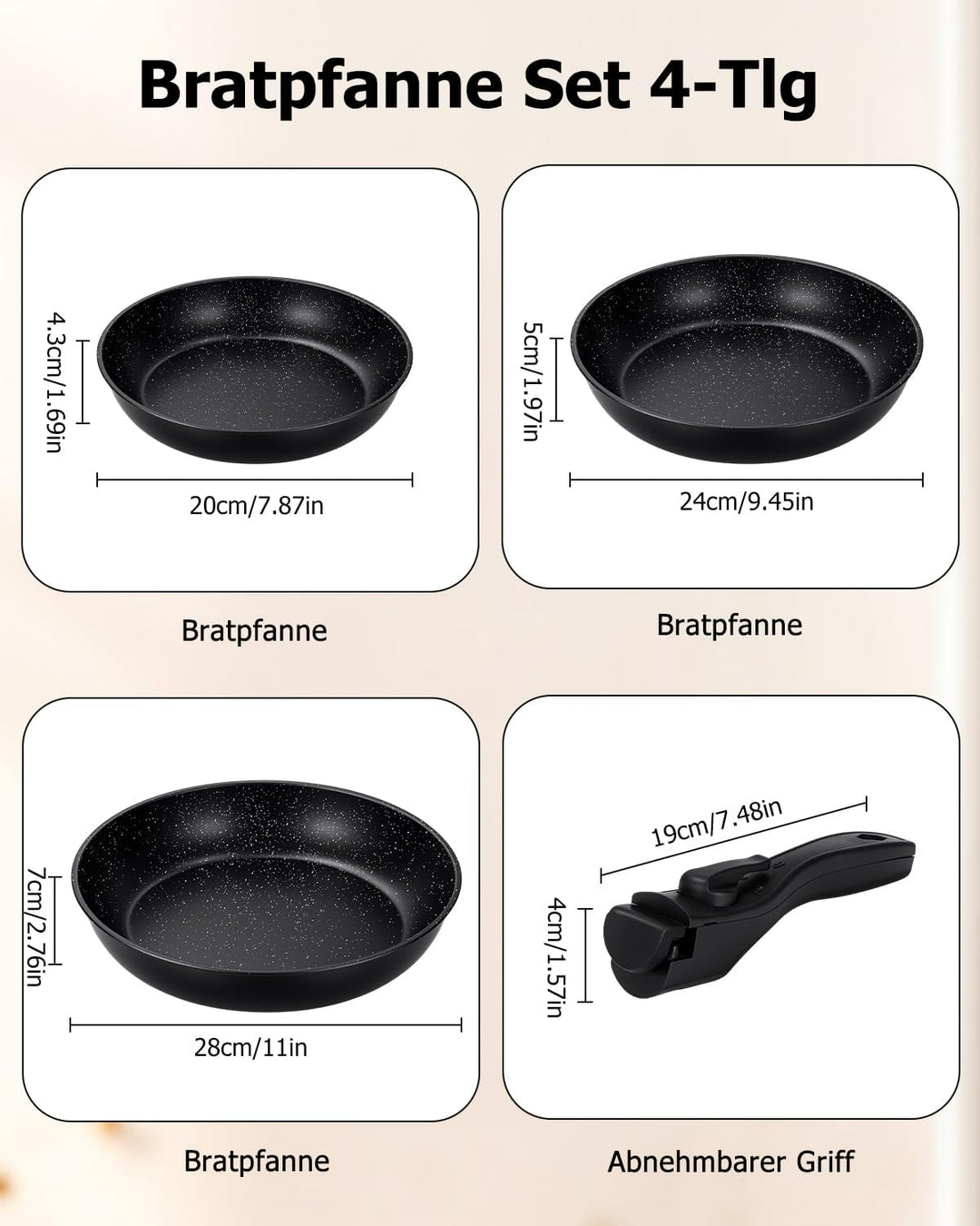 Pfannenset Induktion, Antihaft-beschichtete Bratpfanne 20, 24 und 28 cm mit abnehmbarem Griff, für a
