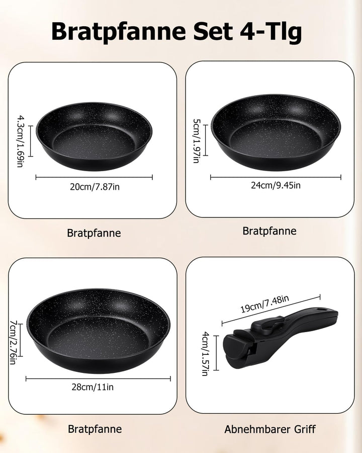 Pfannenset Induktion, Antihaft-beschichtete Bratpfanne 20, 24 und 28 cm mit abnehmbarem Griff, für a