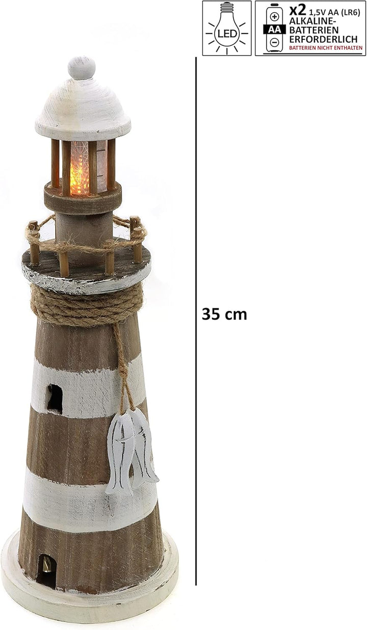 ELLUG Leuchtturm aus Holz mit flackernden LED-Lichtern und maritimen Details zum Stellen mit Timer-F