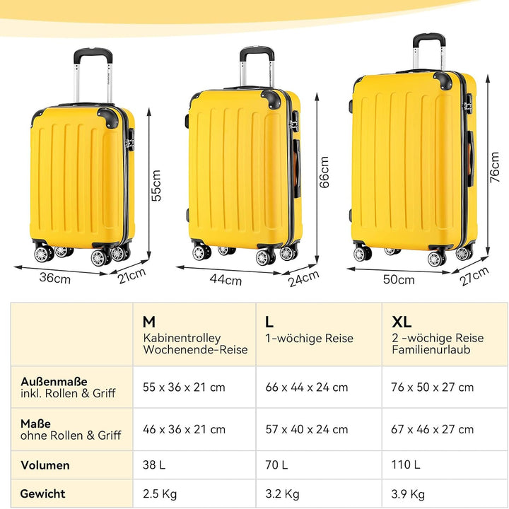 BEIBYE Hartschalen-Koffer Trolley Rollkoffer Reisekoffer Handgepäck 4 Rollen (M-L-XL-Set) (Yellow, M