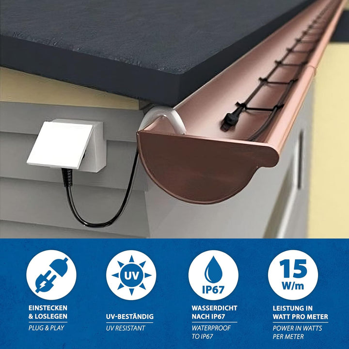 Wasserfeste Rohrbegleitheizung 10m mit eingebautem Thermostat Dachrinnenheizung 10m Nur Heizkabel, 1