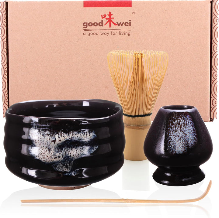 Goodwei Matcha Set komplett mit Matchabesen, Matcha Löffel und Matcha Schale aus Keramik mit Besenha
