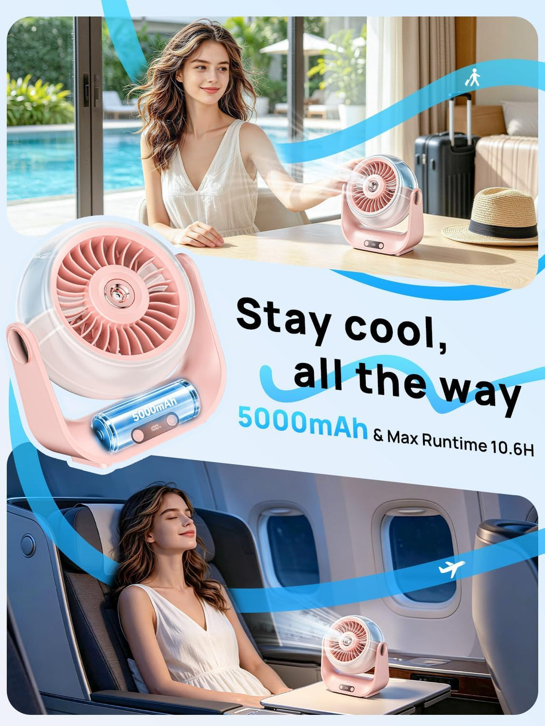 Kssvzz Tischventilator Leise mit Wasserkühlung - 5000mAh USB Ventilator Akku mit 5 Stufen, LED-Anzei