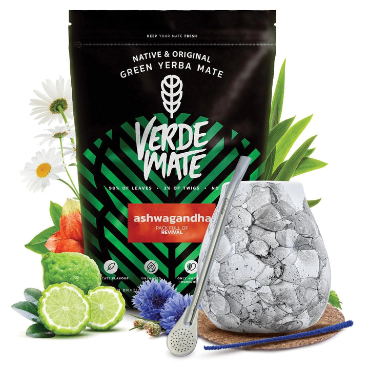 Mate Tee Set Verde Mate - Yerba Mate Ashwagandha 500g - aus Brasilien - 5mm Grobe Blätter - Luftgetr