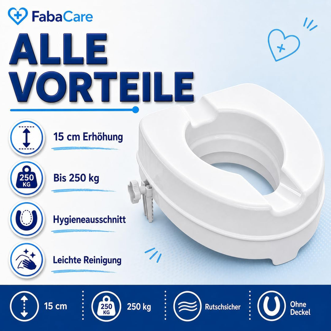 FabaCare Toilettensitzerhöhung Smart, Toilettenaufsatz, WC-Sitz bis 250 kg belastbar, 15 cm ohne Dec