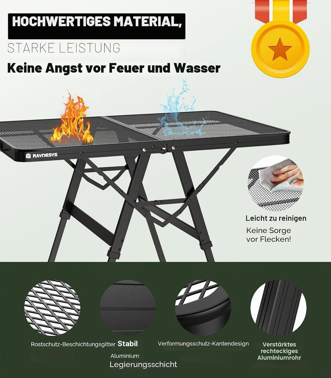 Raynesys Klappbarer Grilltisch mit Mesh-Tischplatte, 3ft Höhenverstellbarer Faltbarer Campingtisch a