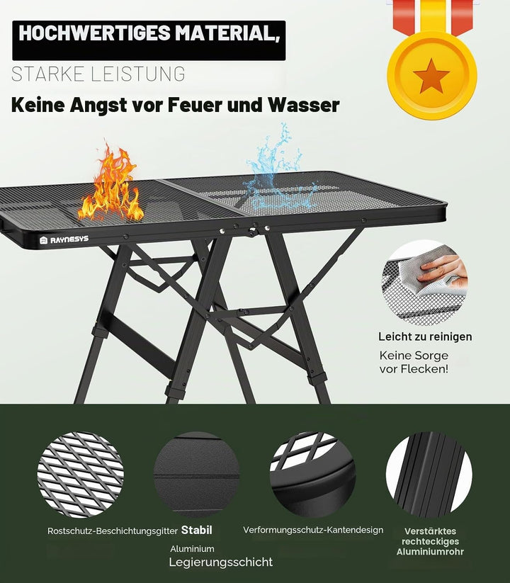 Raynesys Klappbarer Grilltisch mit Mesh-Tischplatte, 3ft Höhenverstellbarer Faltbarer Campingtisch a