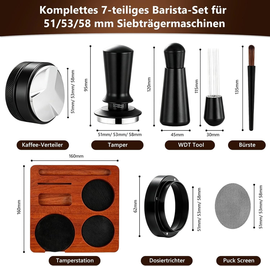 Espresso Zubehör Set 7tlg. – WDT Tool, Tamper, Distributor, Dosierring & Tamperstation | Barista Set