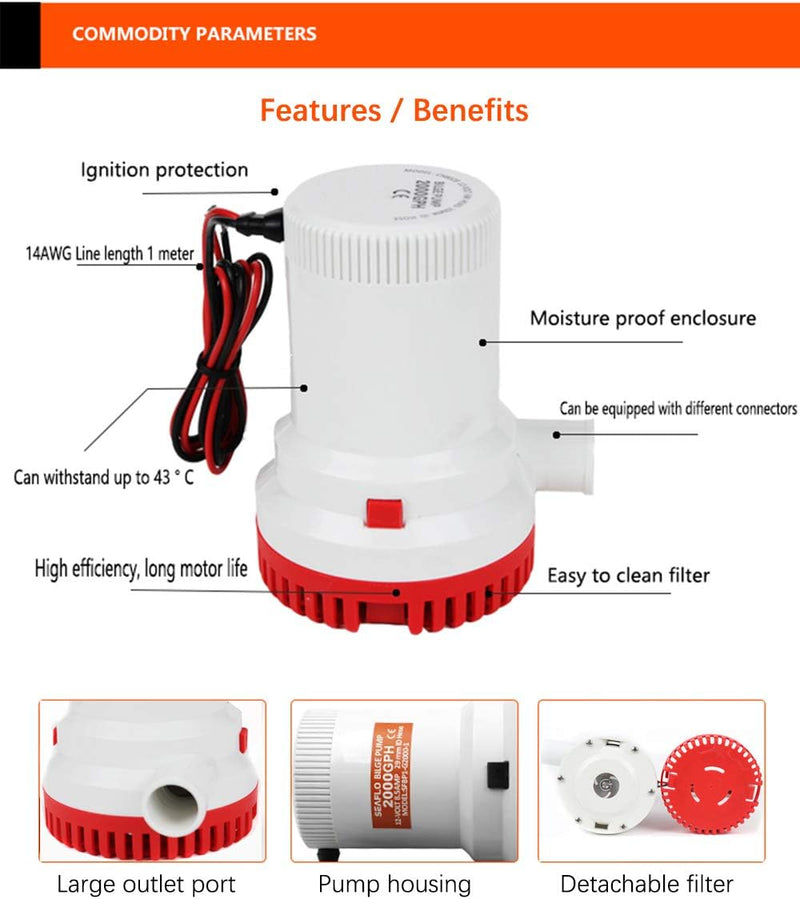 TOTMOX 12V 2000 G/H Universal-Marine-Lenzpumpe Tauchwasserpumpe, langlebige elektrische Tauchwasserp