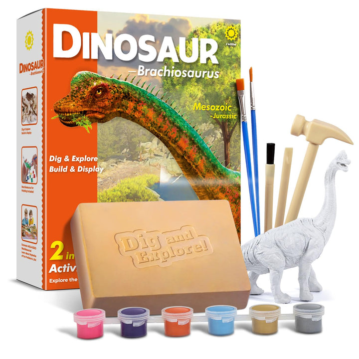 EGGBOX Dinosaurier Skelett Ausgrabungsset für Kinder, 2-in-1 Brachiosaurus Dino Dig & Malset, Dinosa