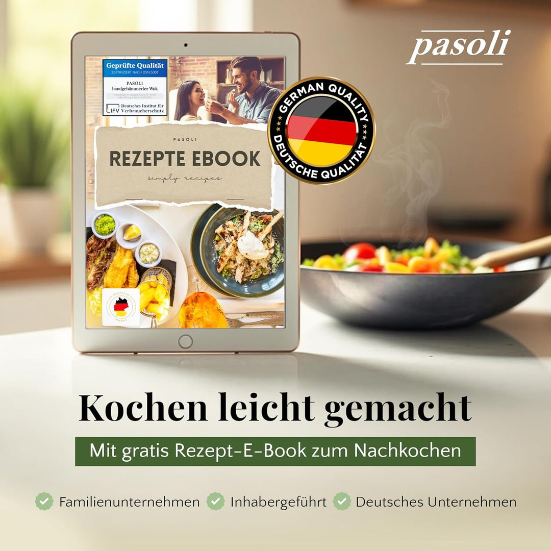 pasoli handgehämmerter Wok inkl. gratis Rezepte eBook - traditionelle Asiapfanne - Bratwok aus Carbo